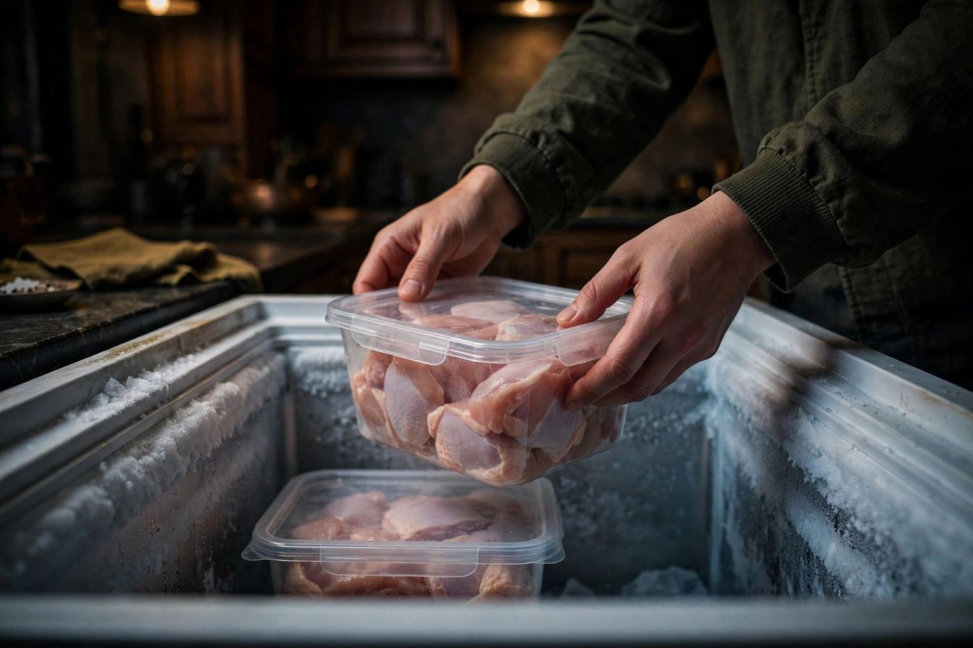 Hands placing sealed containers of raw chicken pieces into a chest freezer