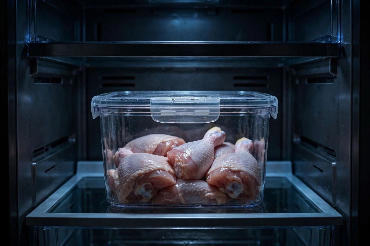 Airtight container of raw chicken pieces on the bottom shelf of a refrigerator