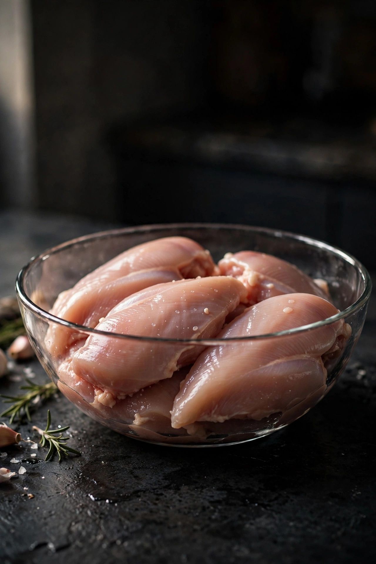 Raw chicken breast pieces in a glass bowl on a dark kitchen counter