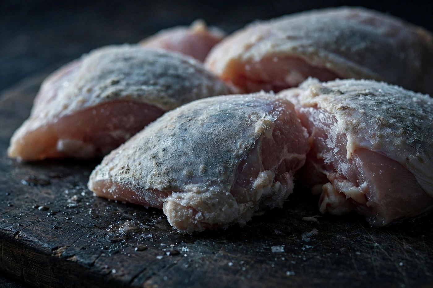 Close-up of raw chicken showing dull grey discoloration and freezer ice crystals